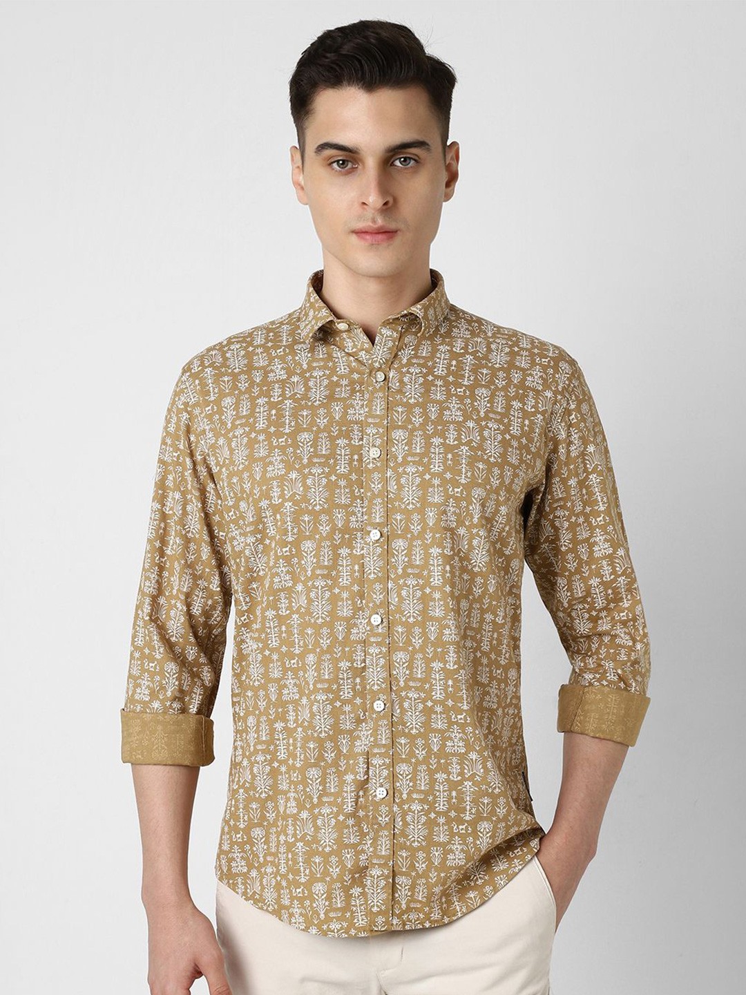 

V Dot Men Slim Fit Floral Opaque Printed Party Shirt, Khaki