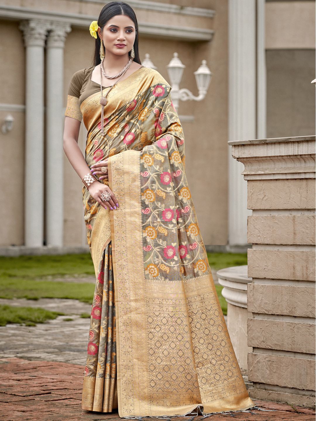 

SANGAM PRINTS Woven Design Zari Organza Tussar Saree, Grey