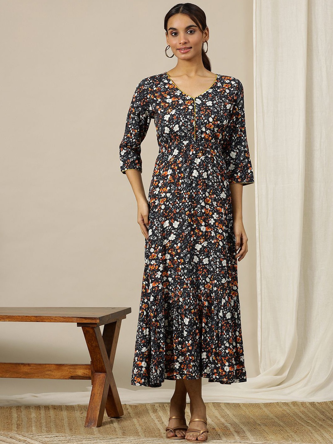 

AURELIA Floral Printed V-Neck A-Line Midi Dress, Black