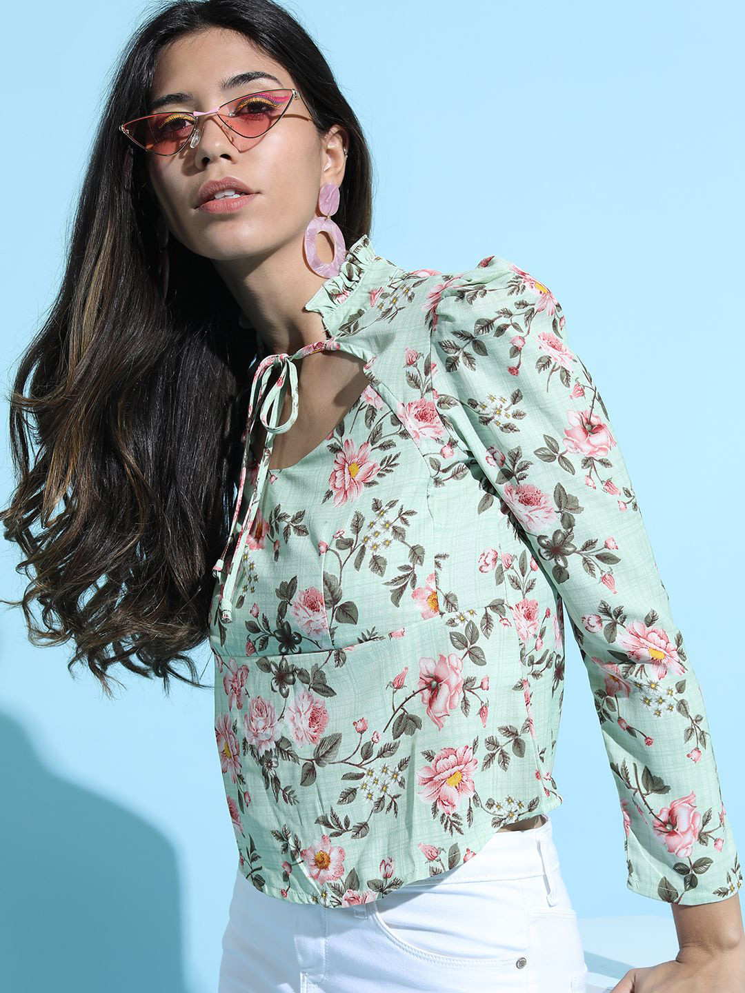 

Tokyo Talkies Floral Print Keyhole Neck Top, Green