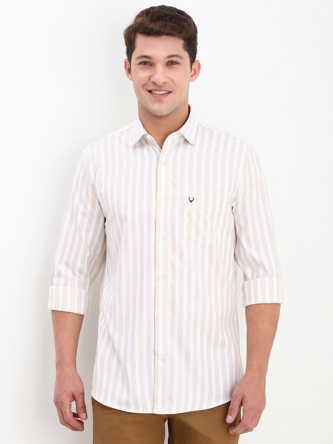 

Allen Solly Men Slim Fit Opaque Striped Casual Shirt, Beige