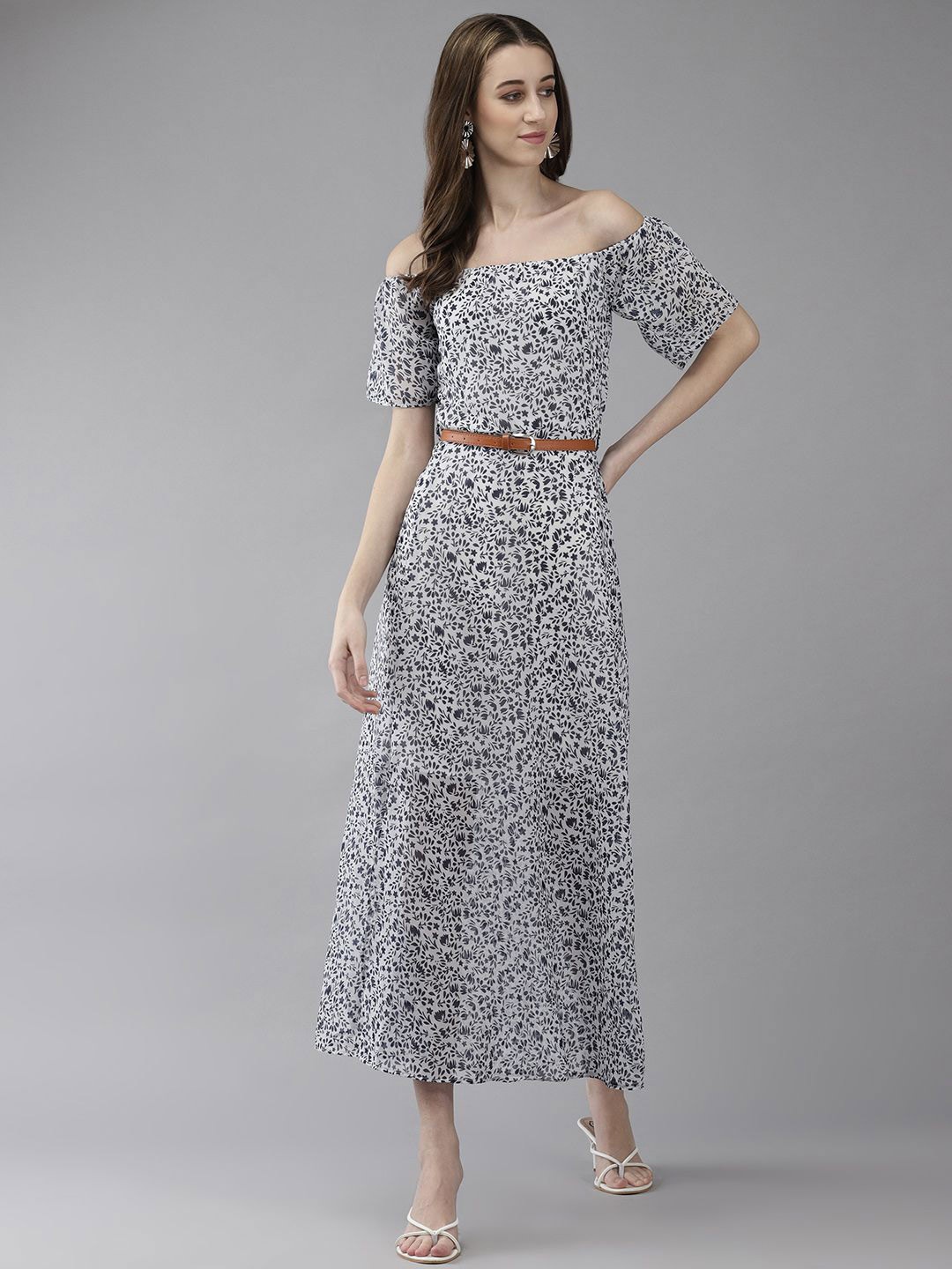 

BAESD Floral Print Off-Shoulder Georgette Maxi Dress, Navy blue