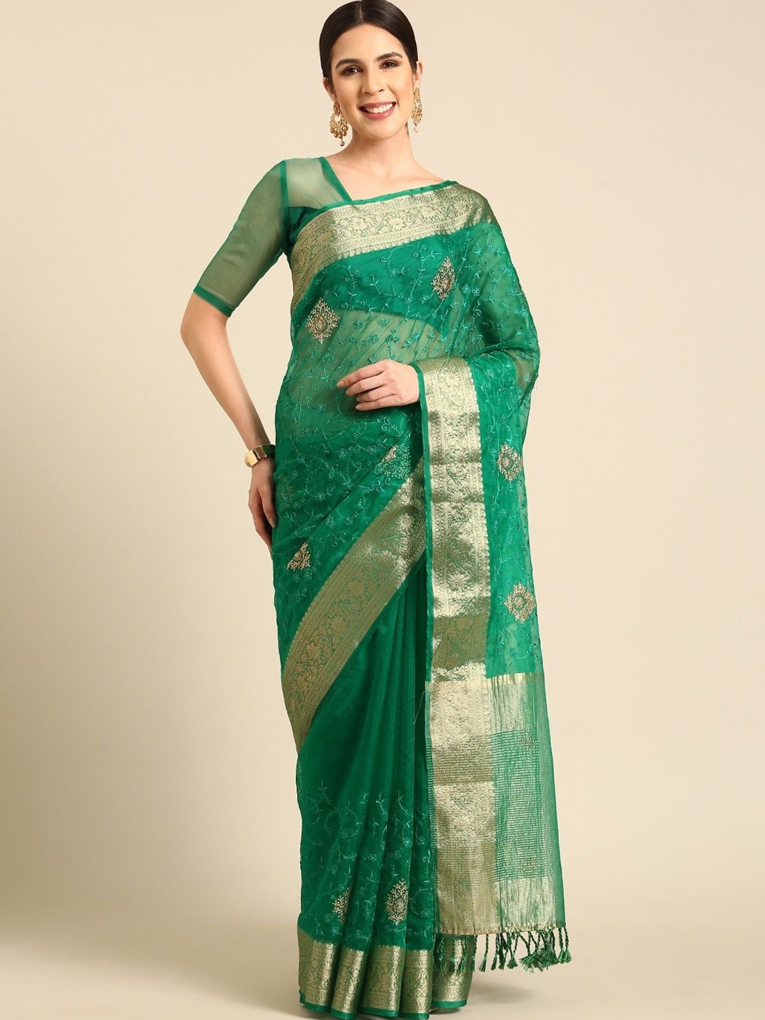 

all about you Embroidered Ethnic Motifs Zari Organza Saree, Green