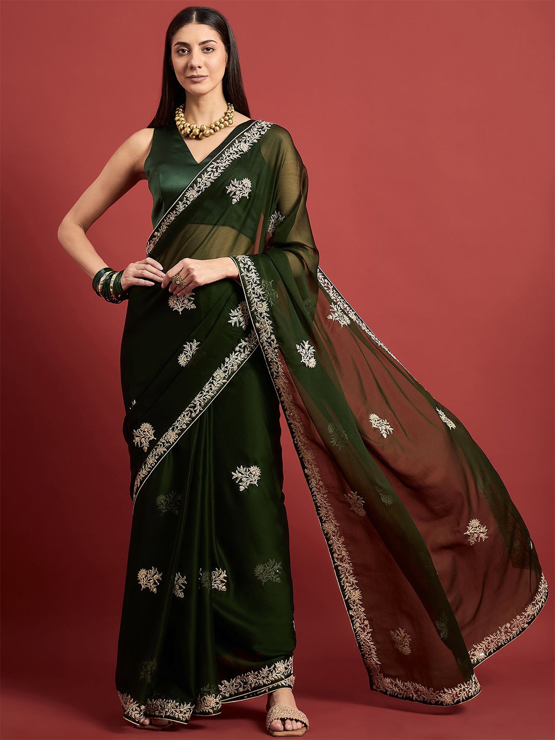

all about you Floral Sequinned Satin Saree, Green