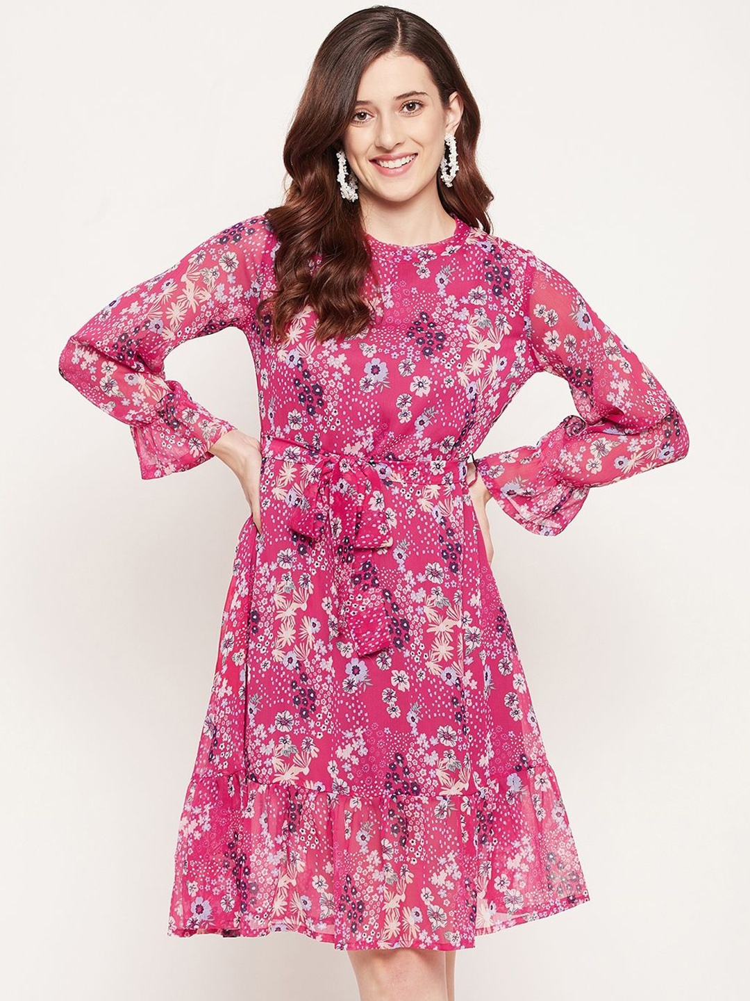 

Murcia Round Neck Puff Sleeve Fit & Flare Floral Dress, Pink