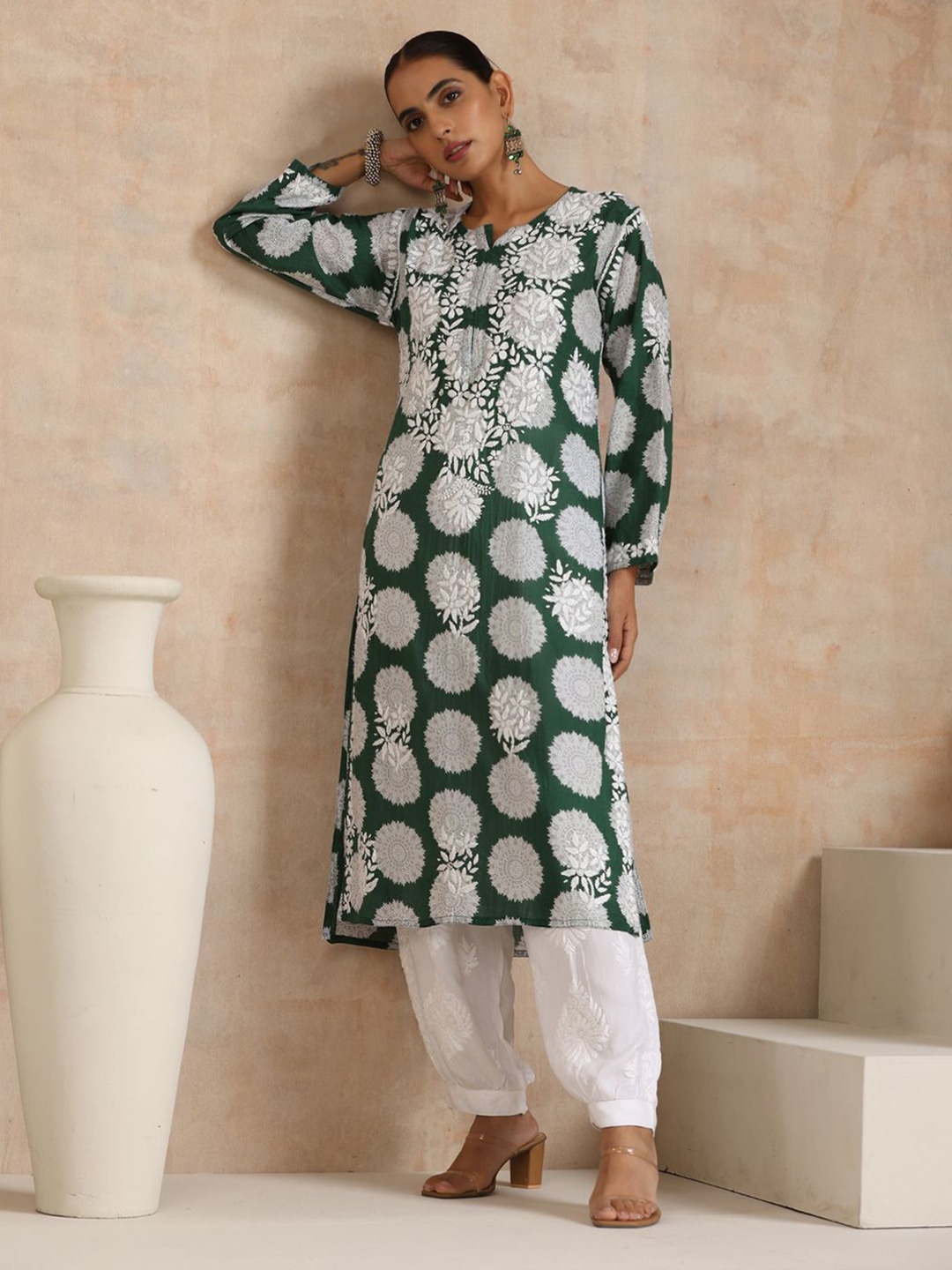 

House of Chikankari Chikankari Printed Kurta, Green