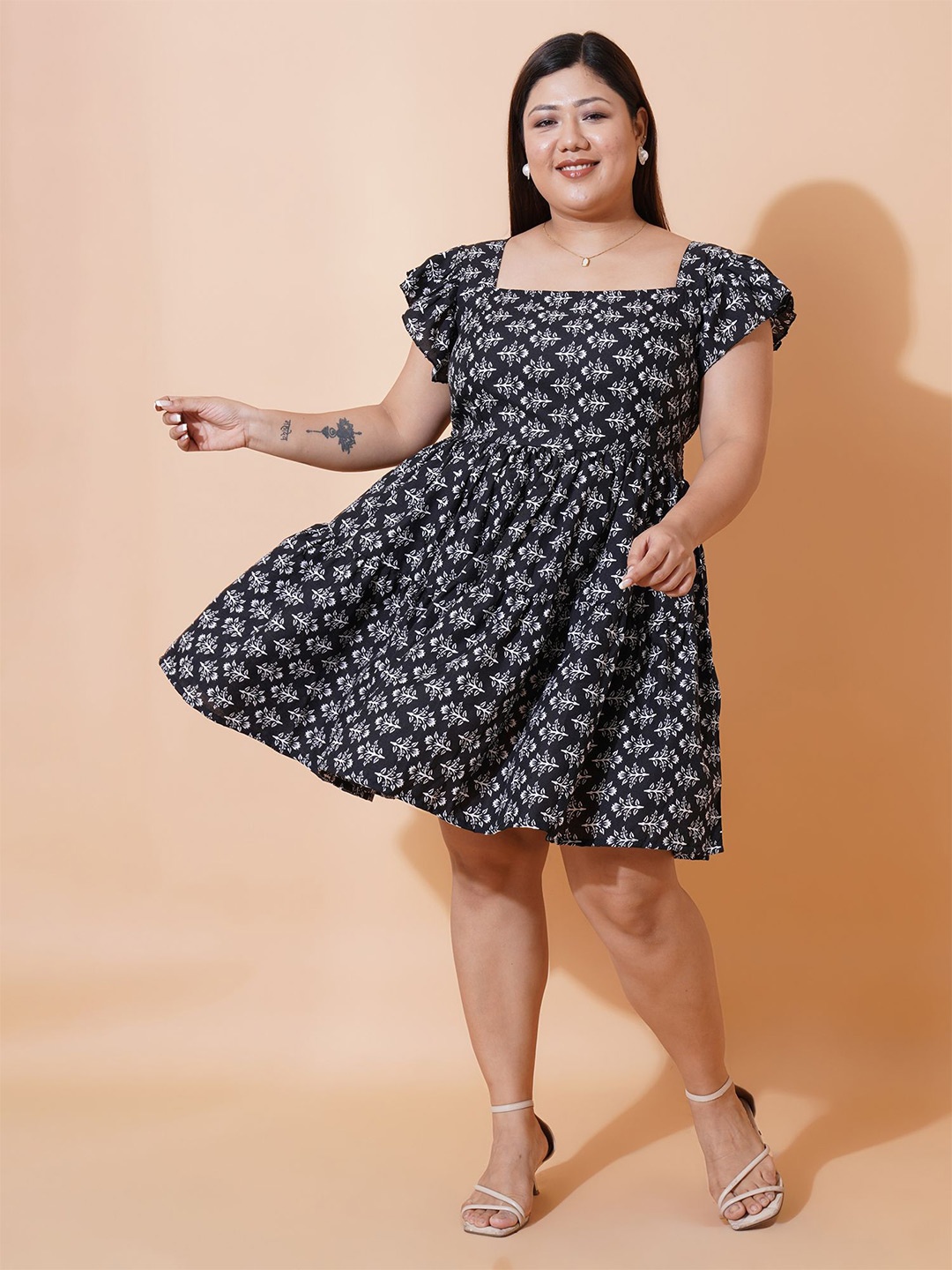 

U&F Beyond Polka Dot Print Puff Sleeve Ruffled Fit & Flare Dress, Black