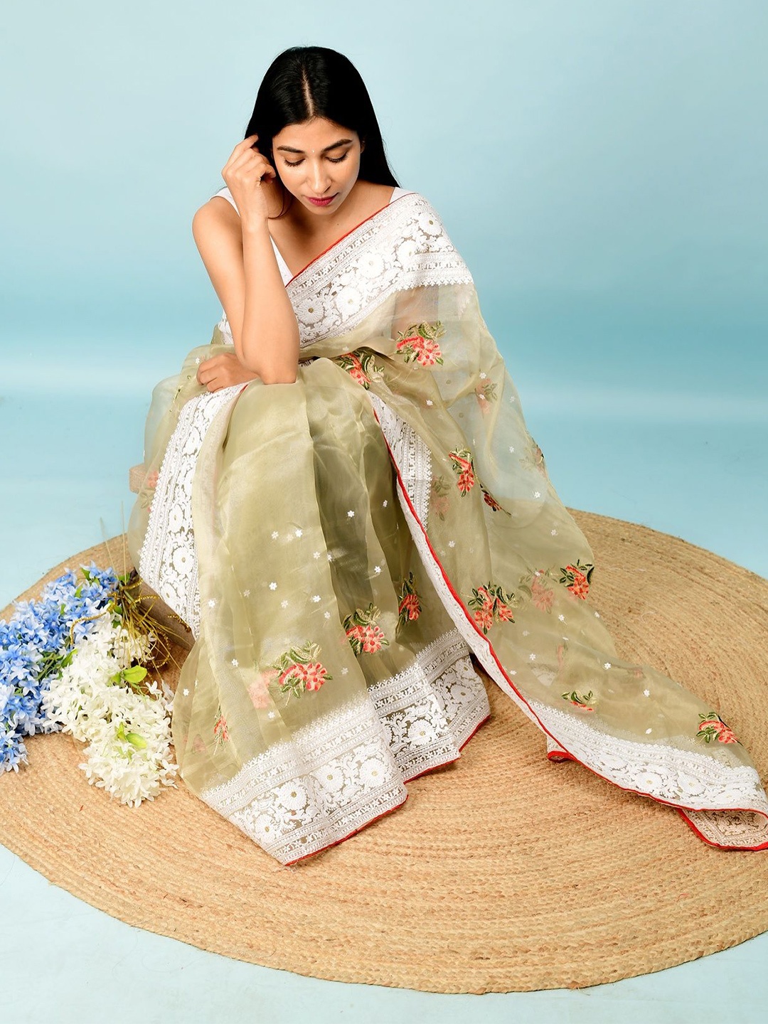 

elora Floral Embroidered Organza Designer Saree, Green