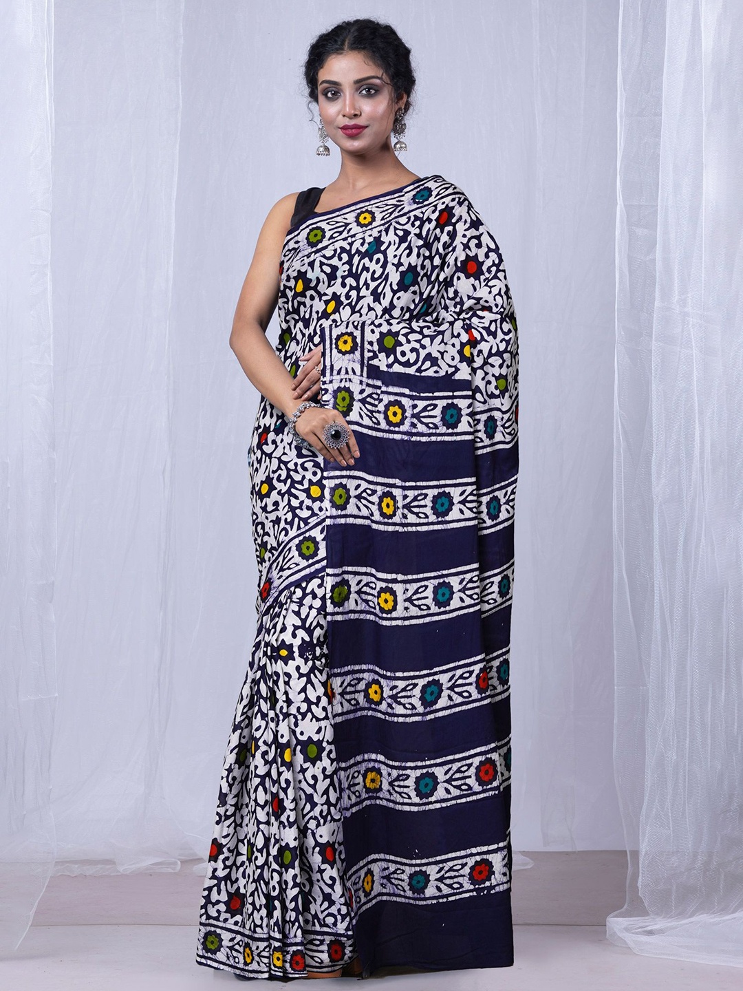 

Unnati Silks Batik Pure Cotton Handloom Block Print Saree, Navy blue