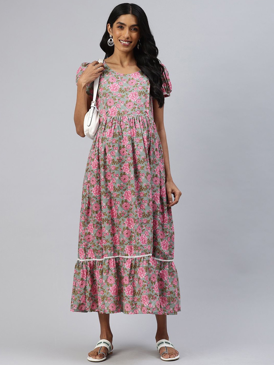 

Swishchick Floral Printed Puff Sleeve Cotton Maternity Maxi Dress, Grey