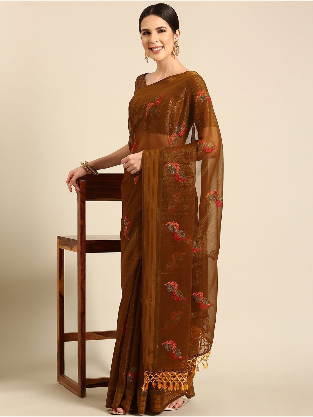 

all about you Embroidered Pure Chiffon Saree, Brown