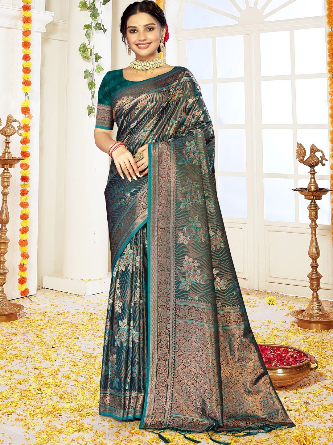

SANGAM PRINTS Woven Design Zari Satin Tussar Saree, Blue