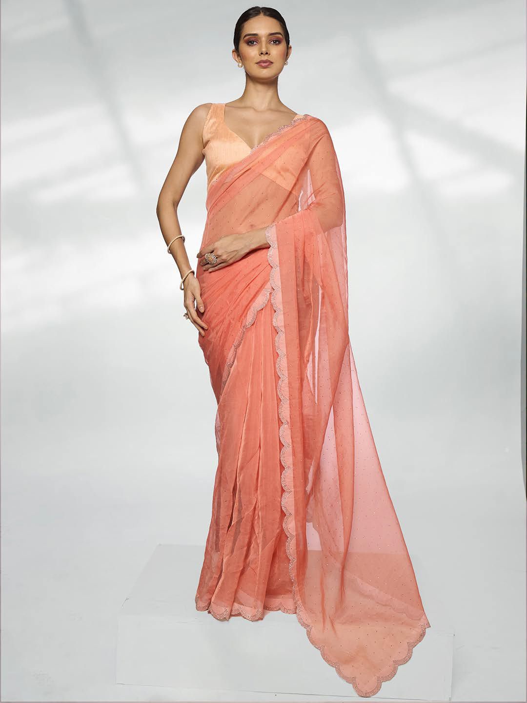 

Kalista Embellished Beads and Stones Organza Saree, Peach