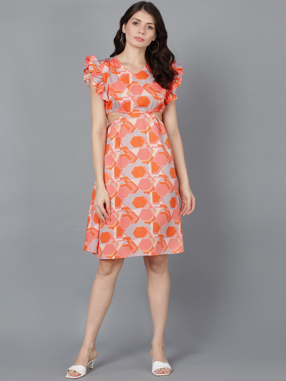 

Murcia Printed Crepe Cut-Out A-Line Dress, Orange
