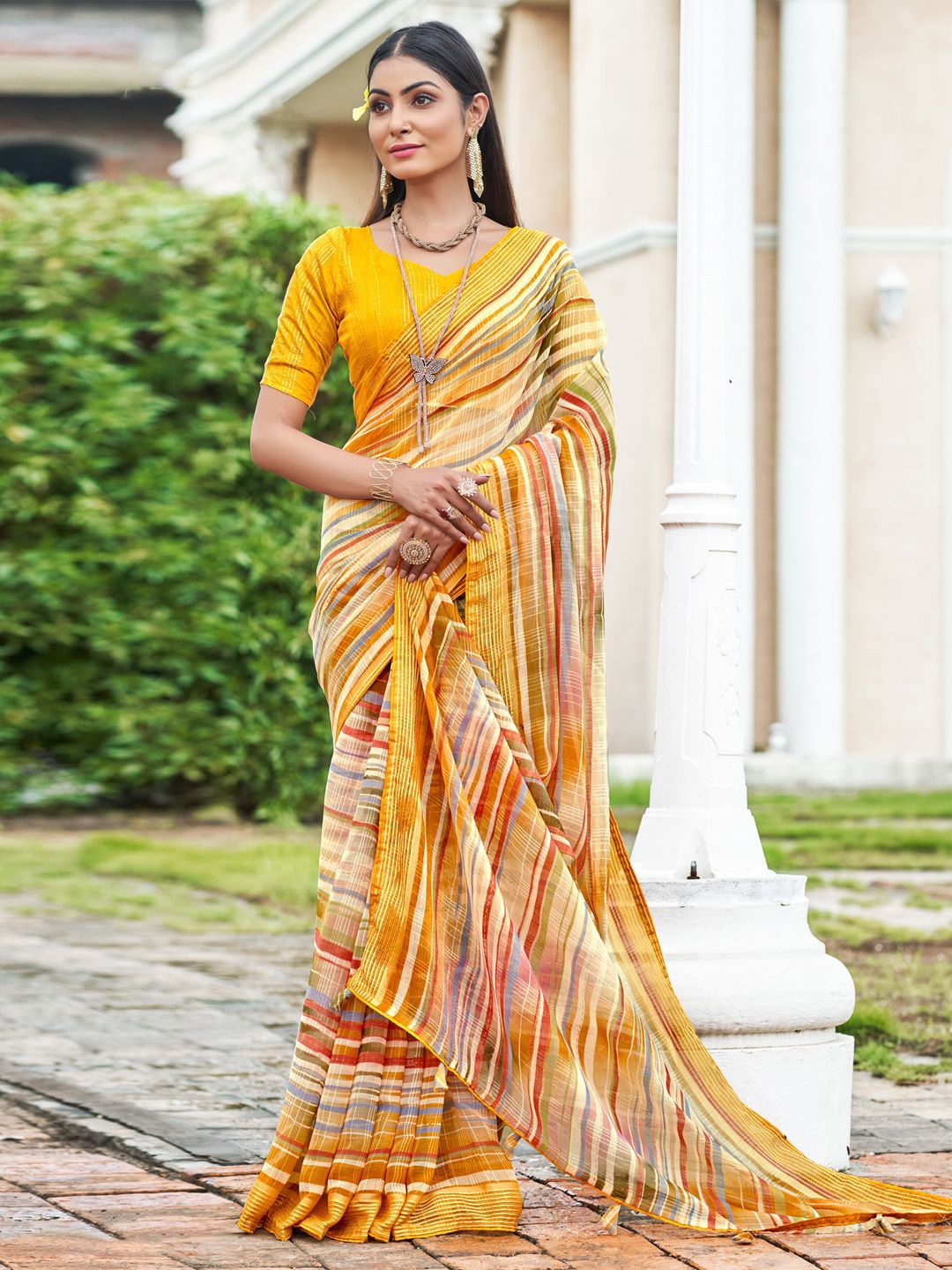 

Saree mall Striped Poly Chiffon Leheriya Sarees, Yellow