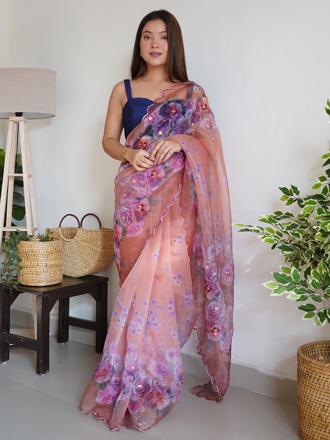 

elora Floral Beads and Stones Organza Saree, Peach