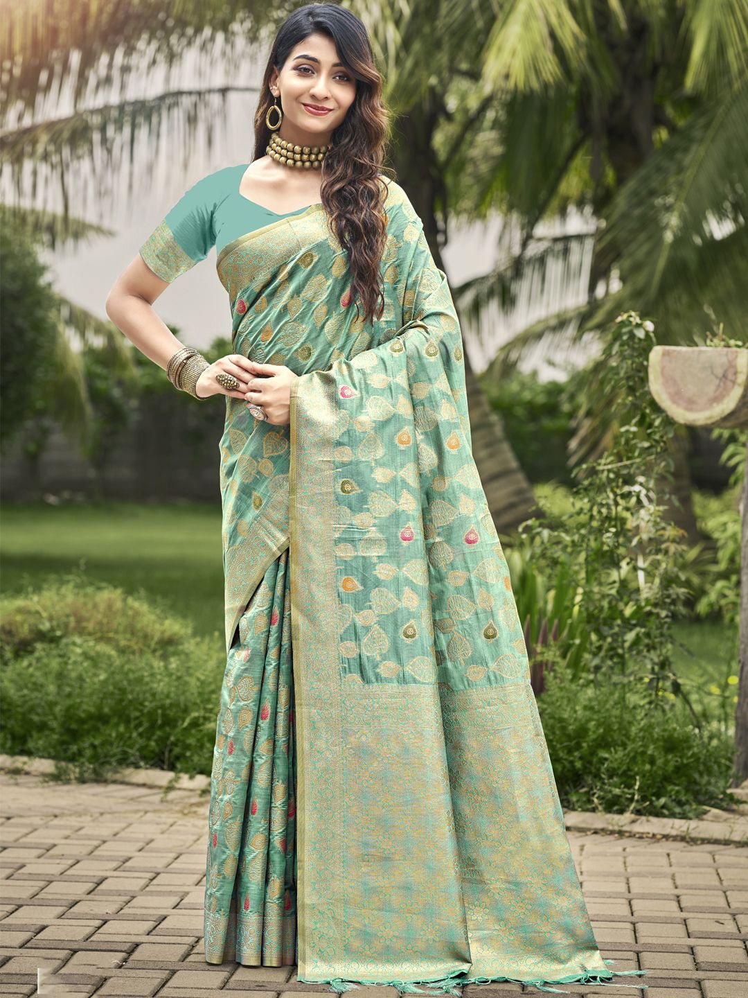 

SANGAM PRINTS Woven Design Zari Organza Tussar Saree, Teal