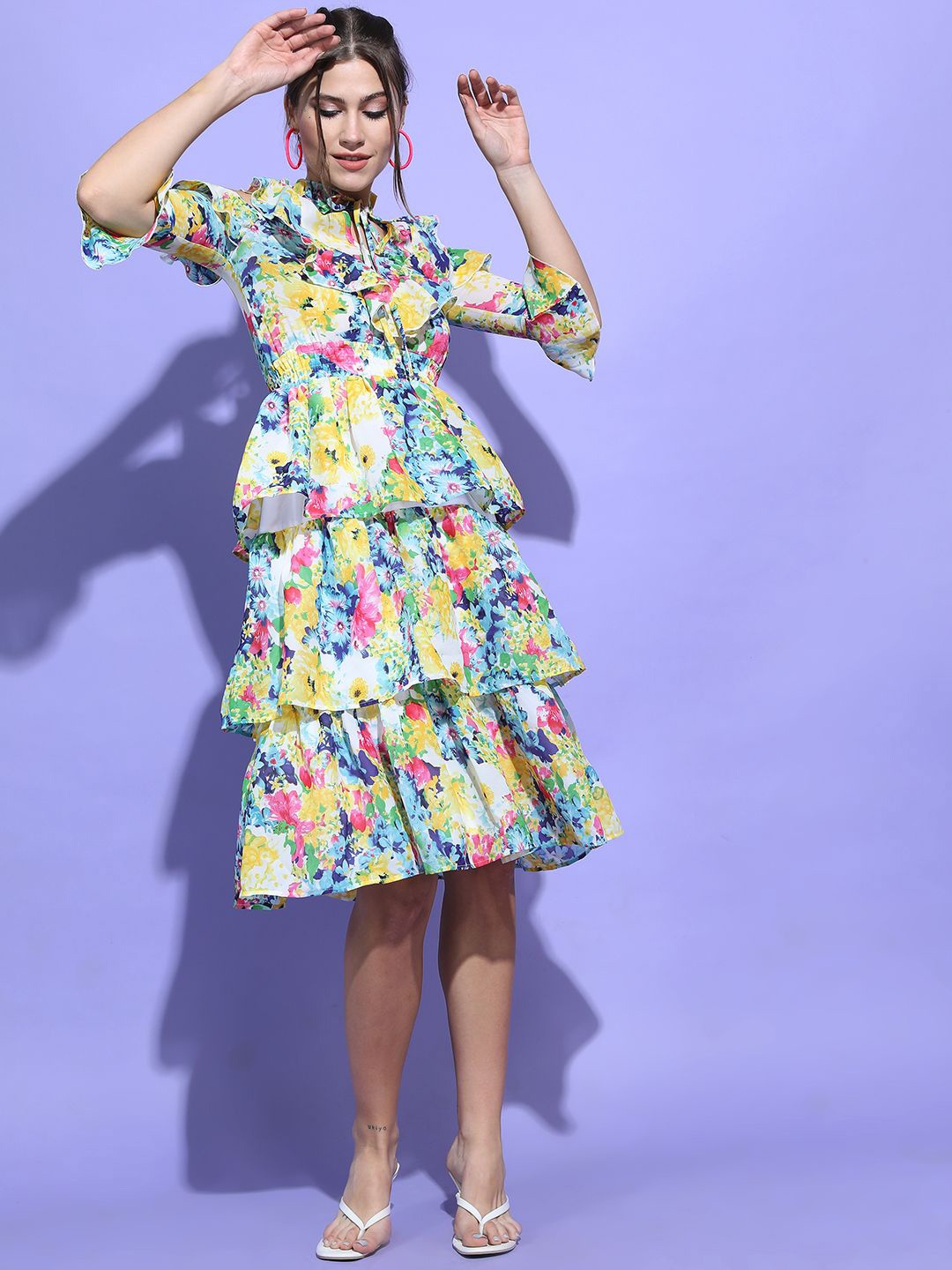 

Tokyo Talkies Floral Printed Tie-Up Neck Ruffled Fit and Flare Dress, Yellow