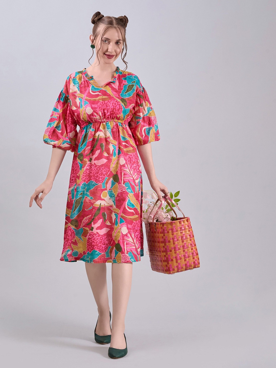 

Amarasha Floral Print Flared Sleeve Crepe Empire Dress, Multi