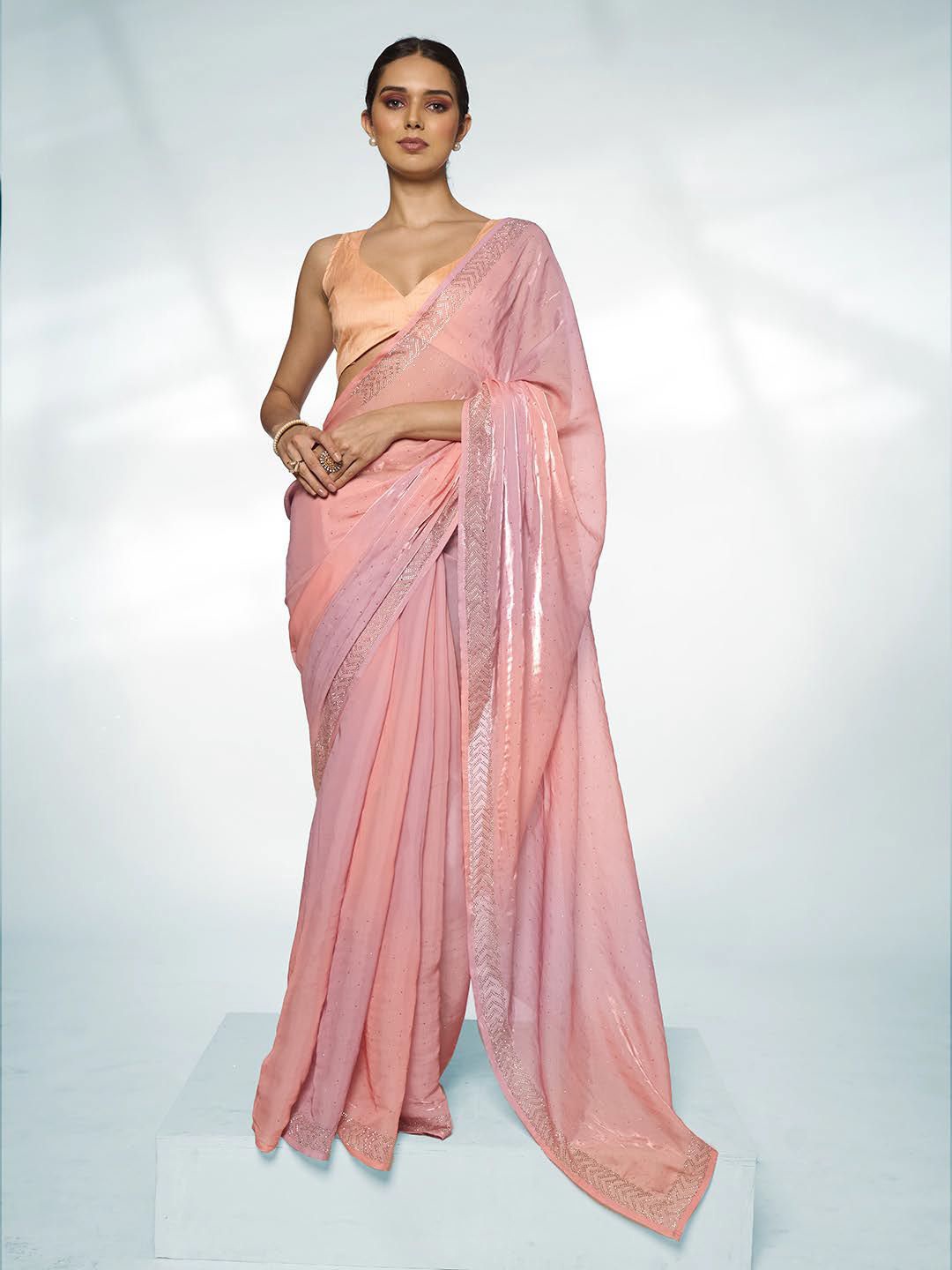 

Kalista Embellished Sequinned Organza Saree, Peach