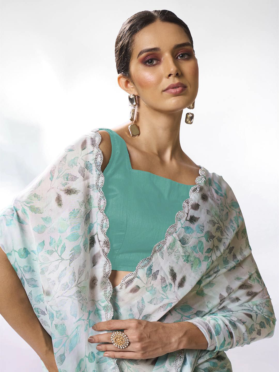 

Kalista Embellished Sequinned Satin Saree, Sea green