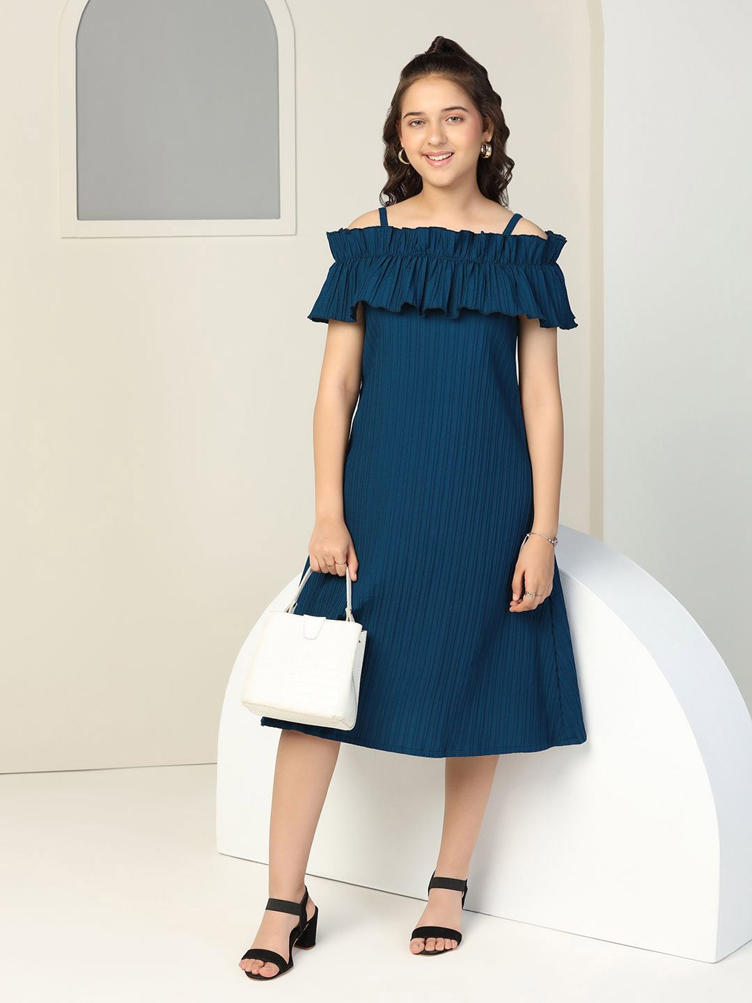 

OMPAX Off-Shoulder A-Line Midi Dress, Blue