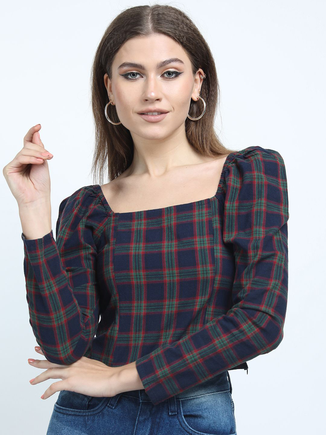 

Tokyo Talkies Checked Puff Sleeve Cotton Top, Navy blue