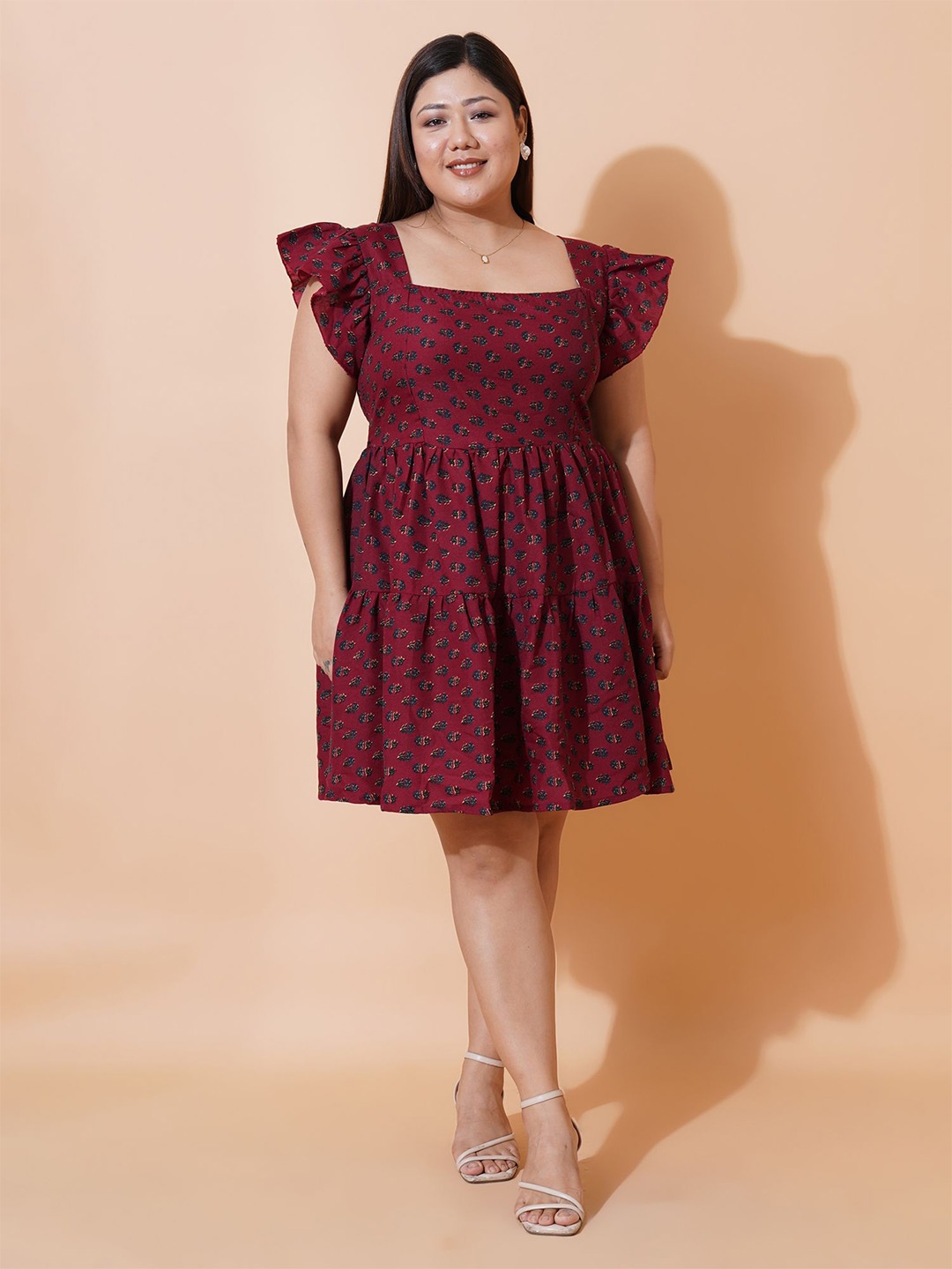 

U&F Beyond Floral Print Ruffled Fit & Flare Dress, Maroon