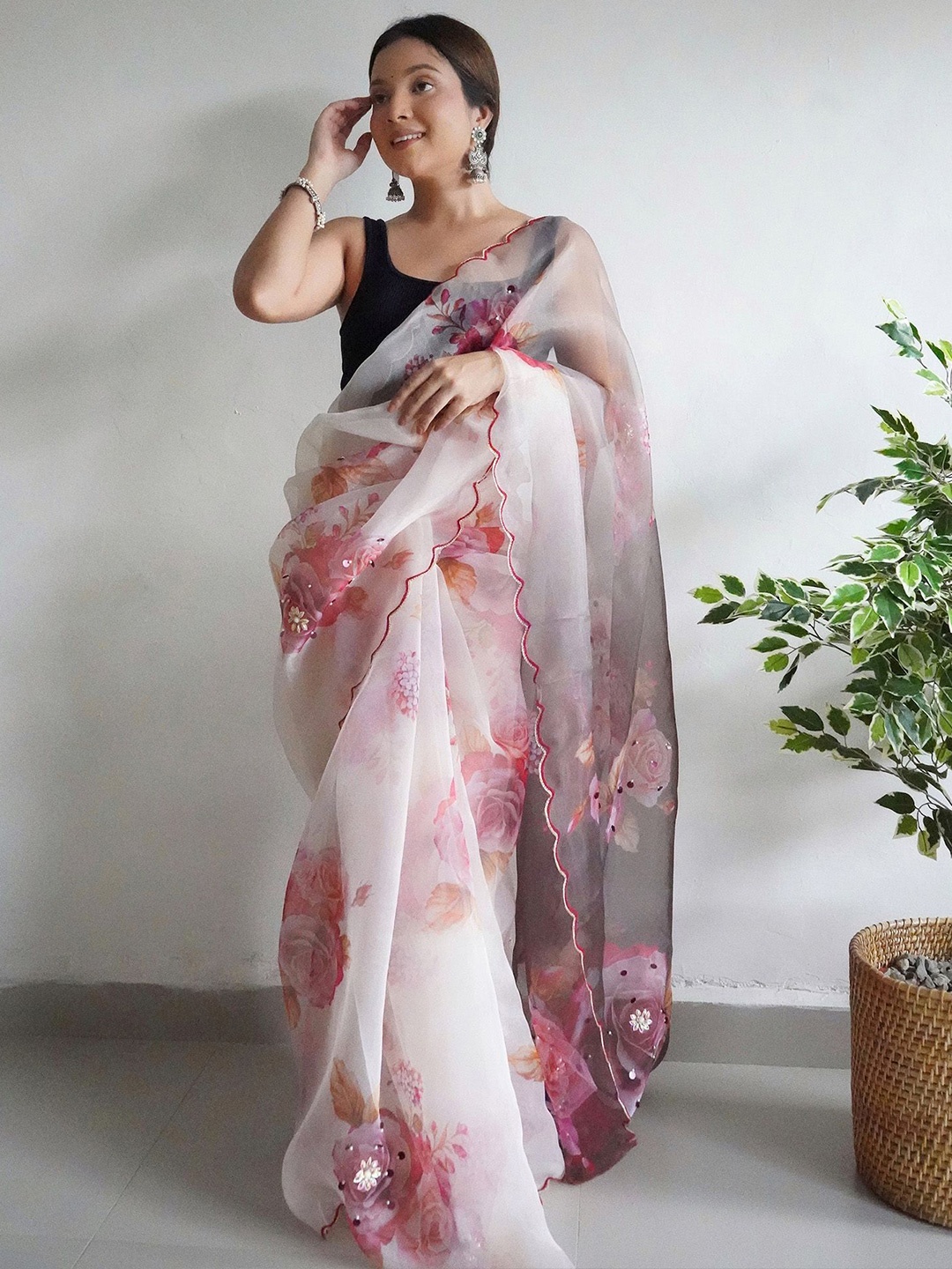 

elora Floral Beads and Stones Organza Saree, Off white