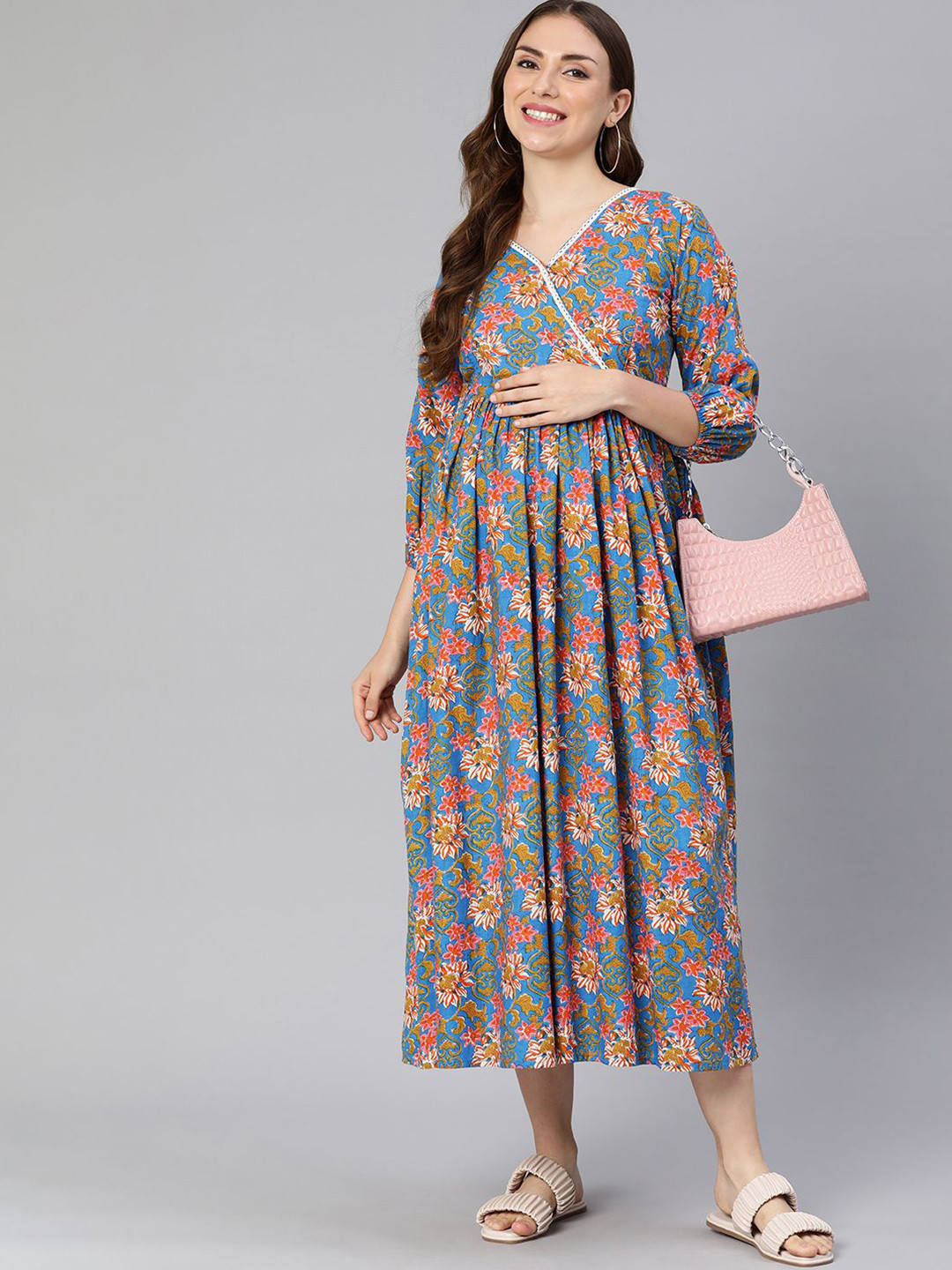 

Swishchick Floral Printed Maternity Wrap Midi Dress, Blue