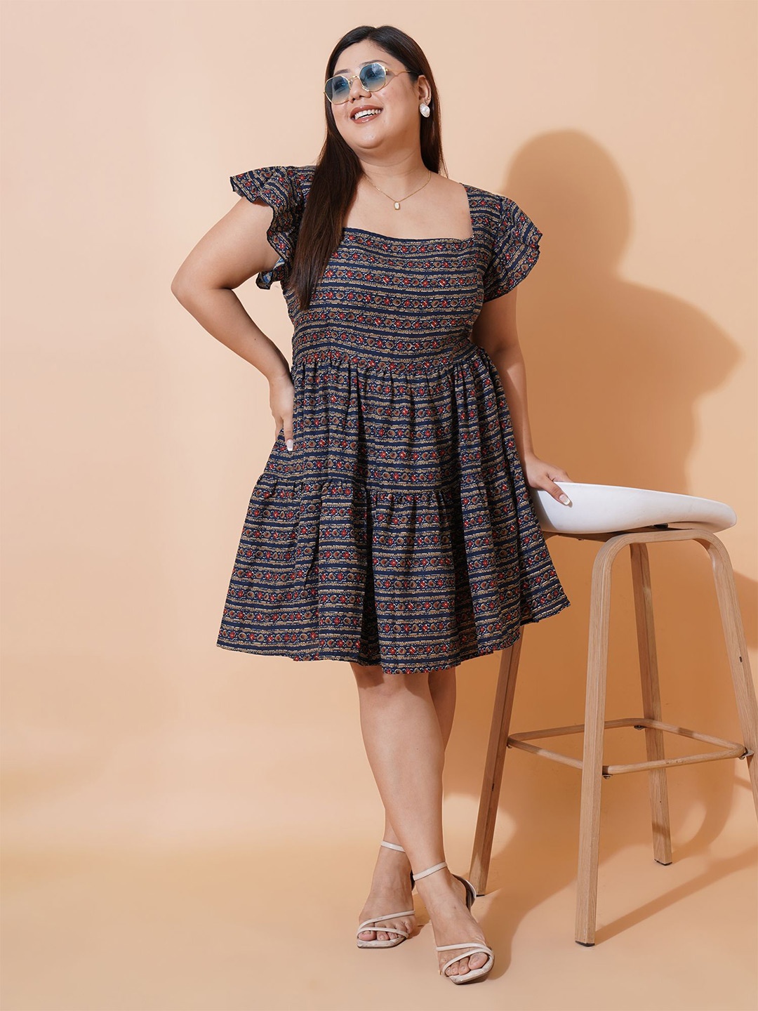 

U&F Beyond Floral Print Ruffled Fit & Flare Dress, Navy blue