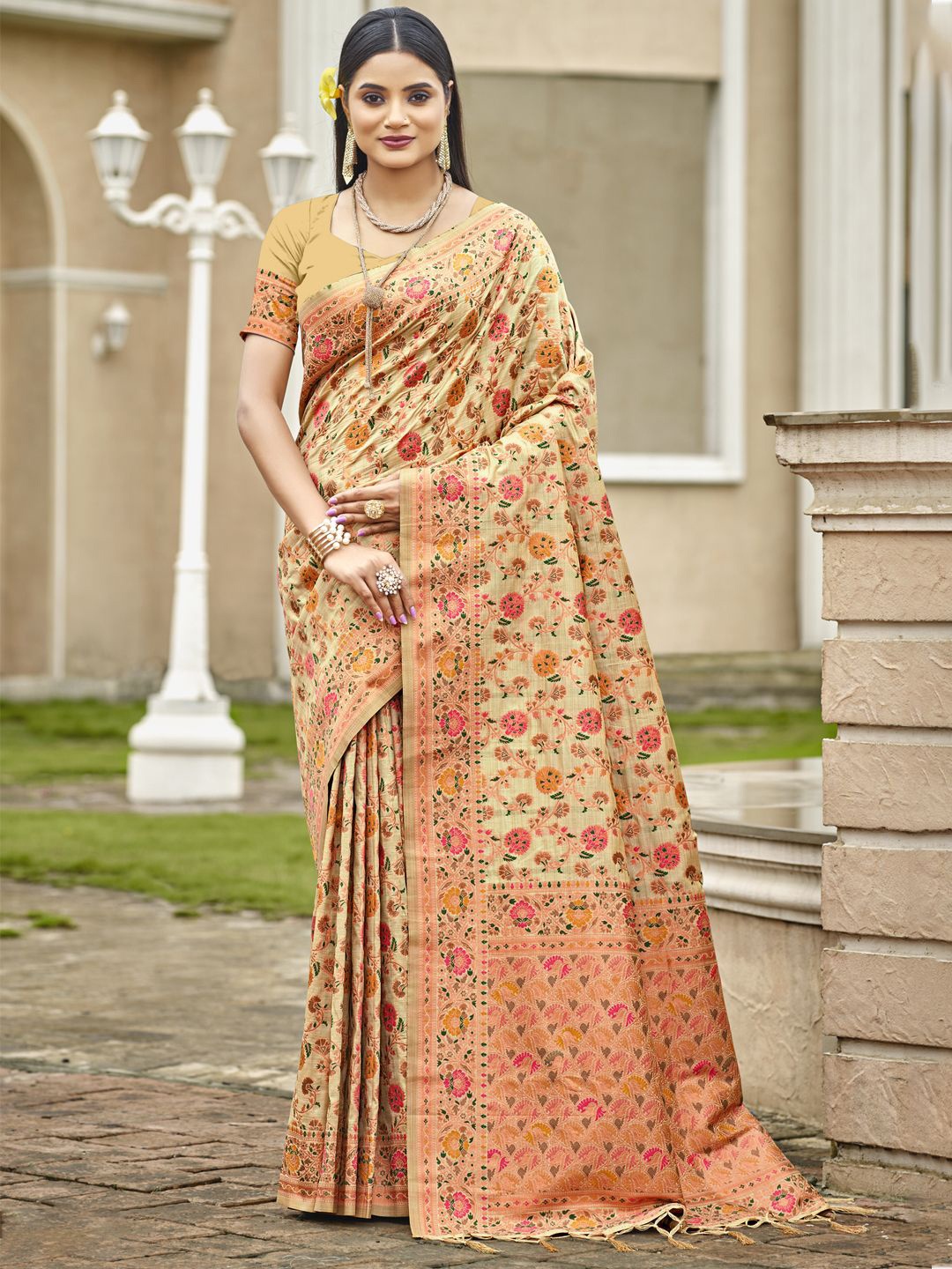 

SANGAM PRINTS Woven Design Zari Pure Silk Tussar Saree, Beige