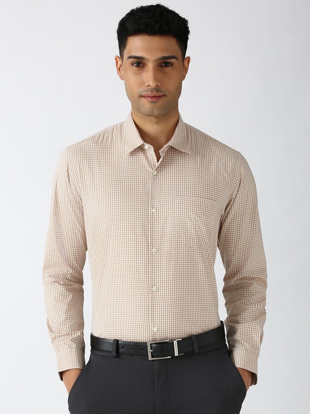 

Peter England Men Grid Tattersall Checks Opaque Checked Formal Shirt, Beige