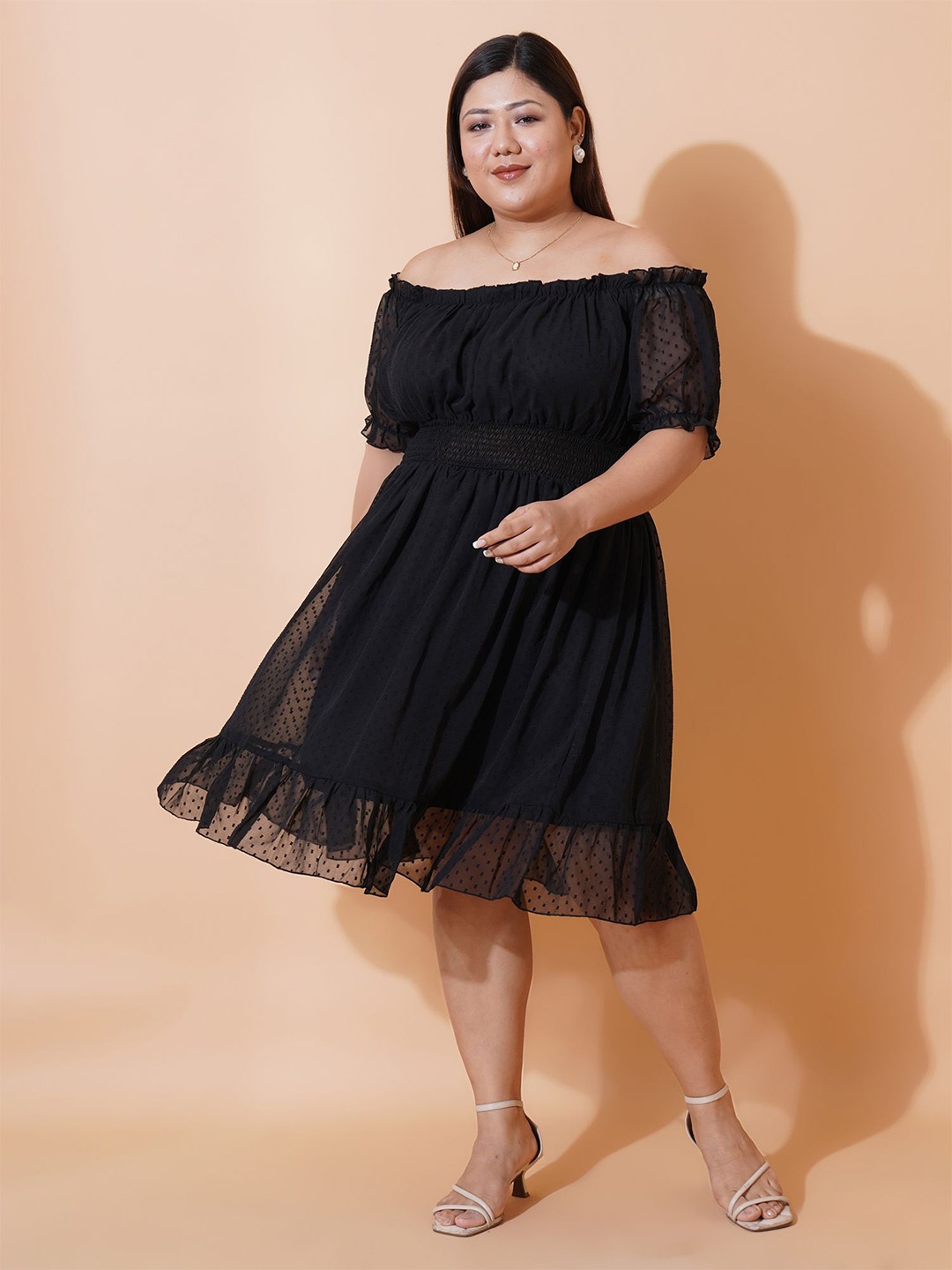 

U&F Beyond Off-Shoulder Puff Sleeve Ruffled Georgette Fit & Flare Midi Dress, Black