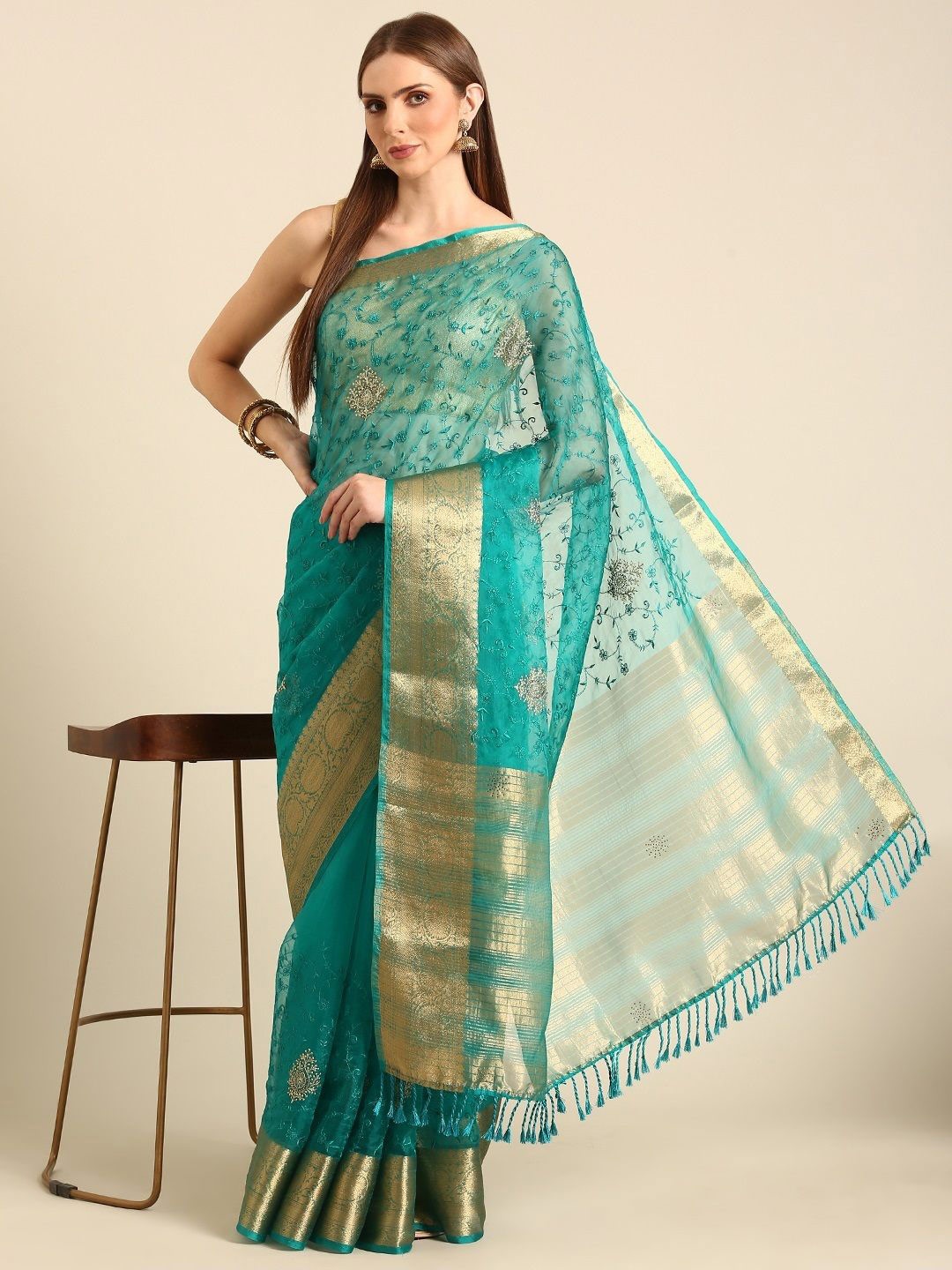 

all about you Embroidered Ethnic Motifs Zari Organza Saree, Turquoise blue