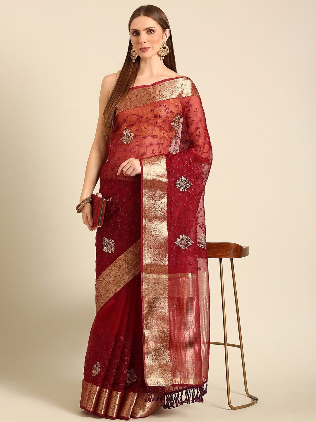 

all about you Embroidered Ethnic Motifs Zari Organza Saree, Red