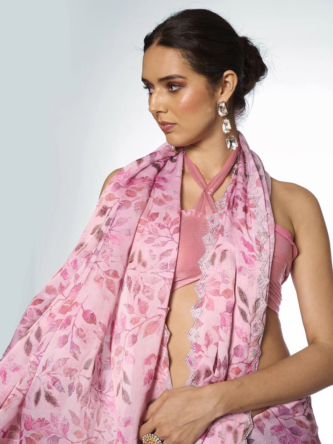 

Kalista Floral Beads and Stones Satin Saree, Pink