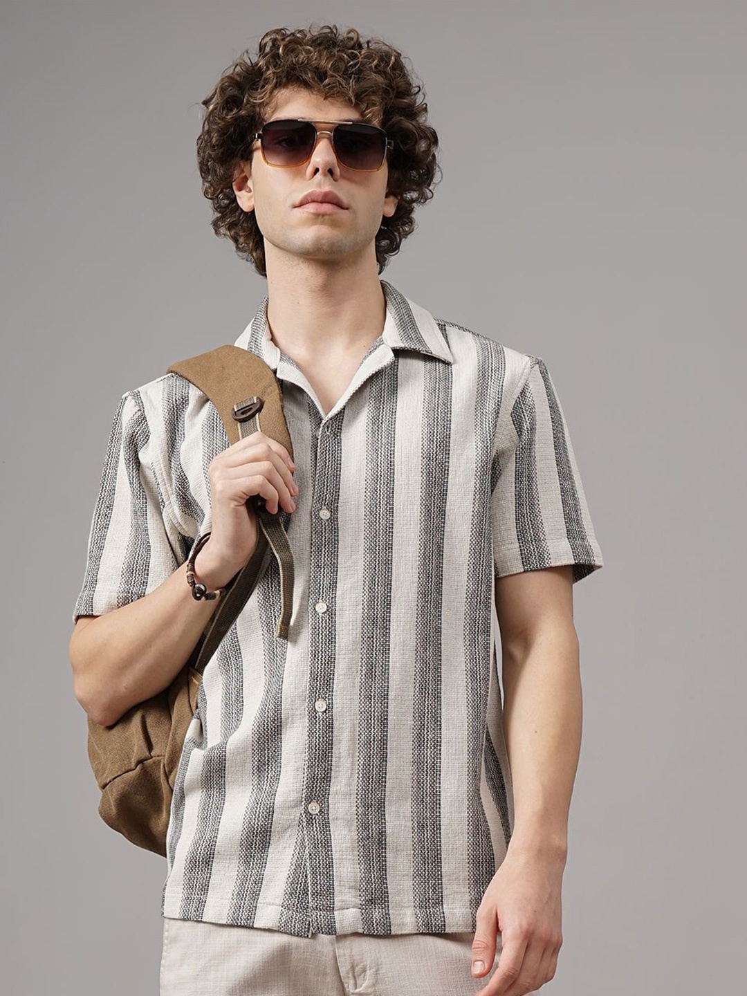 

British Club Men Relaxed Semi Sheer Striped Casual Shirt, White