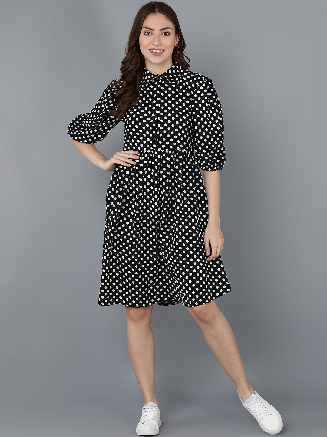 

Murcia Polka Dot Printed Shirt Collar Puff Sleeve A-Line Dress, Black