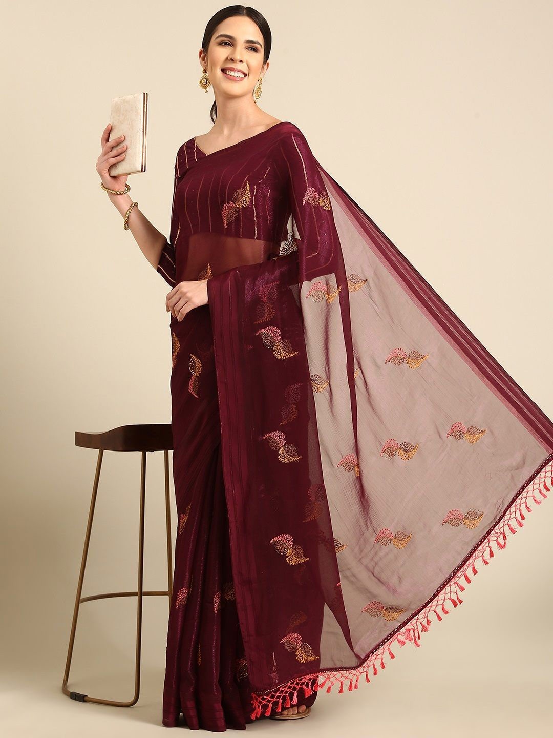 

all about you Embroidered Pure Chiffon Saree, Purple