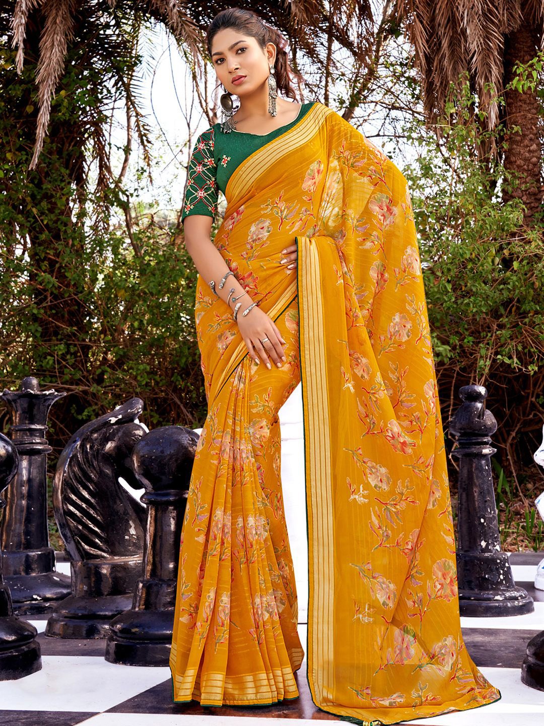 

Saree mall Floral Poly Georgette Bagru Sarees, Yellow