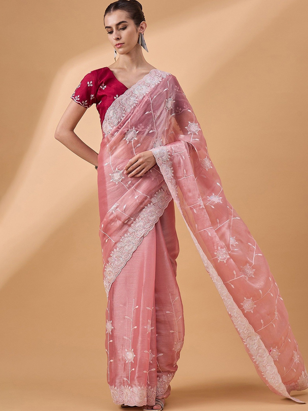 

MySilkLove Floral Embroidered Organza Saree, Pink