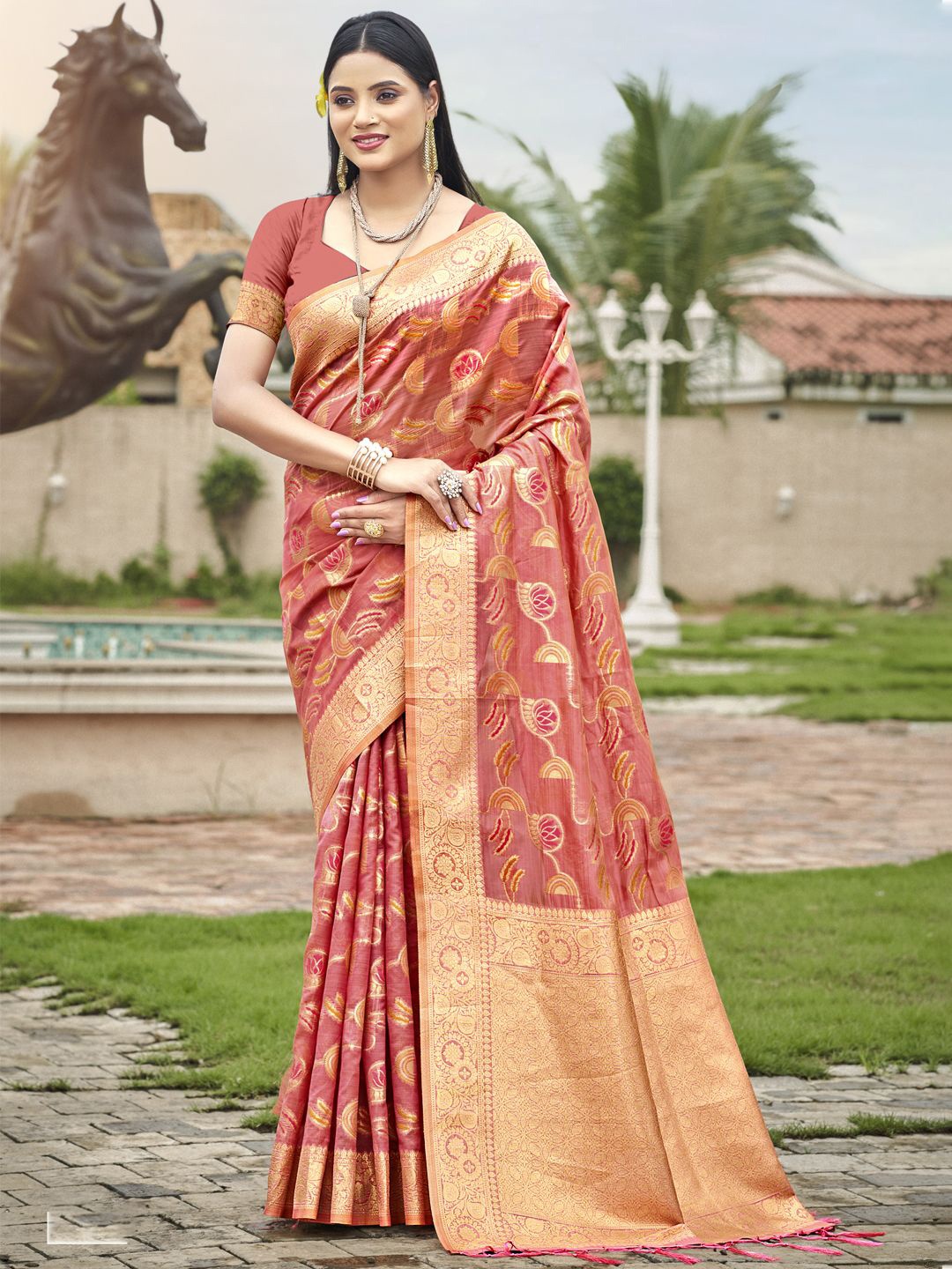 

SANGAM PRINTS Woven Design Zari Organza Tussar Saree, Pink