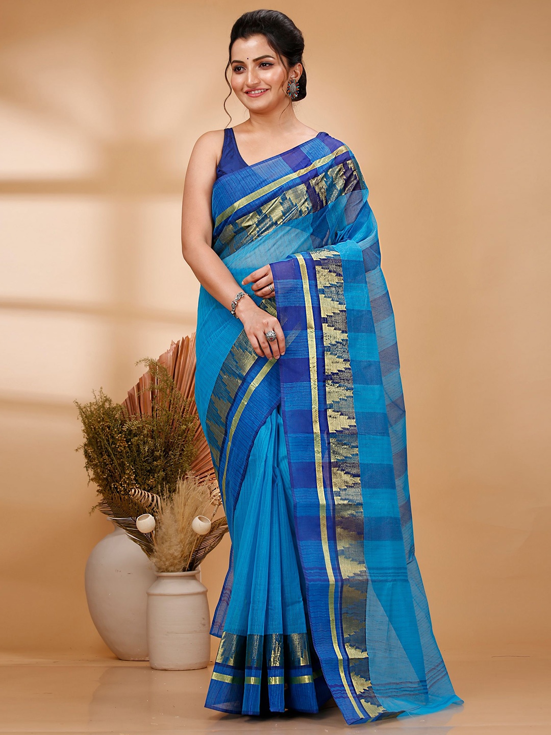 

PuJoy Woven Design Zari Border Pure Cotton Taant Saree, Blue