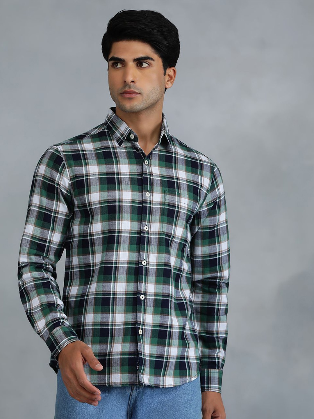 

Greenfibre Men Slim Fit Tartan Checks Opaque Checked Casual Shirt, Green