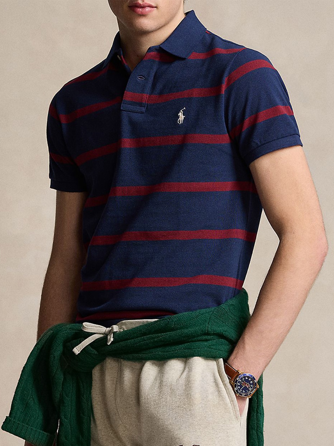 

Polo Ralph Lauren Men Striped Slim-Fit Pure Cotton Mesh Polo T-shirt, Navy blue