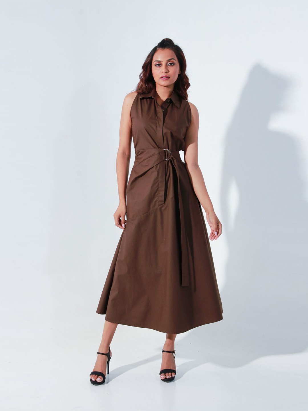 

ECHKE Solid Shirt Collar Fit & Flare Midi Dress, Brown