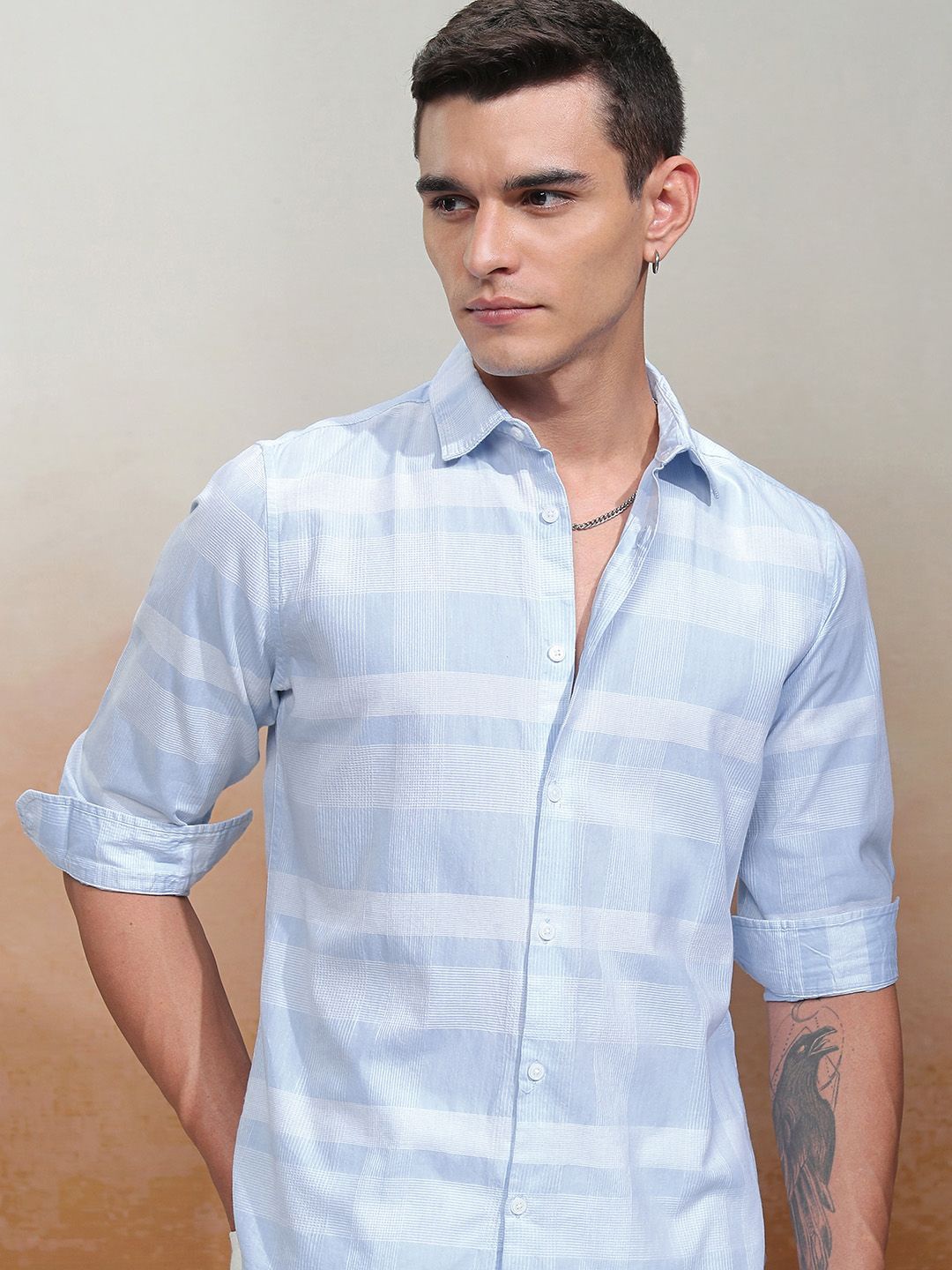 

HIGHLANDER Men Dobby Textured Checked Regular Fit Shirt, Blue