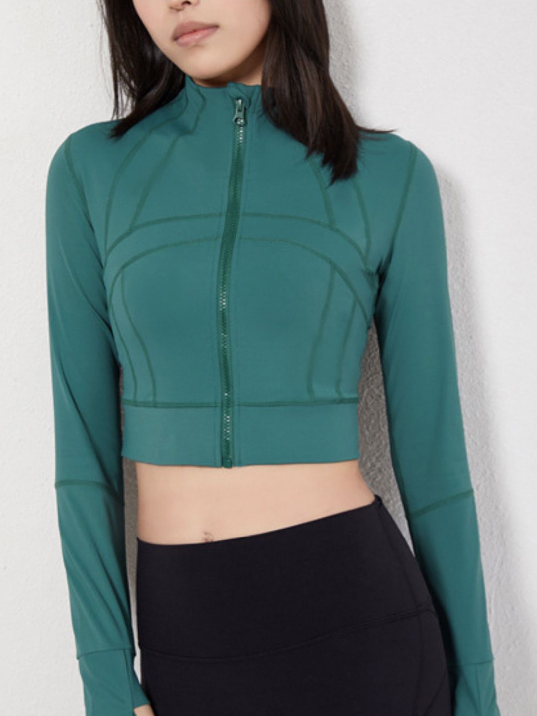 

LULU & SKY Mandarin Collar Shirt Style Crop Top, Green