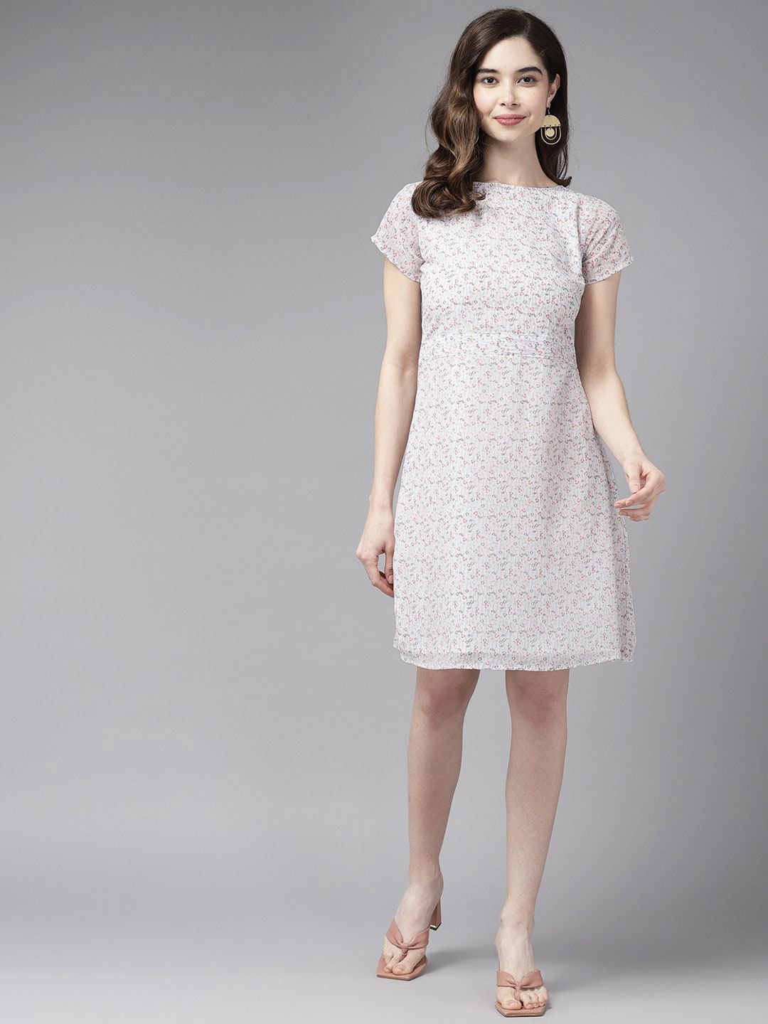 

BAESD Floral Print Georgette Blouson Dress, White